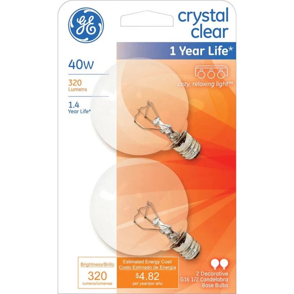 GE CRYSTAL CLEAR G16 1/2 CANDELABRA BASE LIGHT BULBS/40W 320 LUMENS/2 BULBS/NEW!